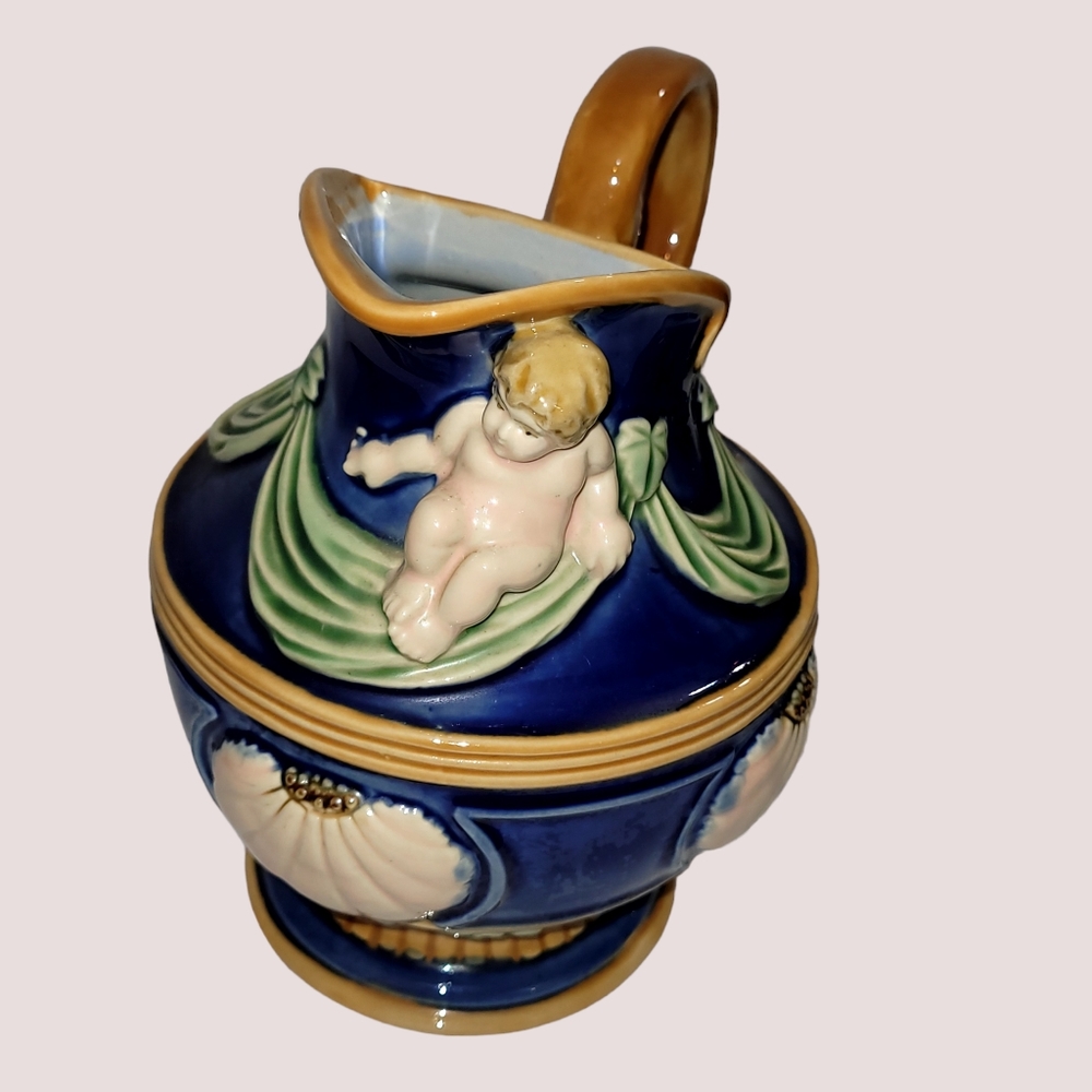 Royal blue ceramic vintage Majolica water jugs hand paint Stamped Art neuvau